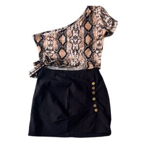 Snake Print One-Shoulder Top and Black Skirt Set